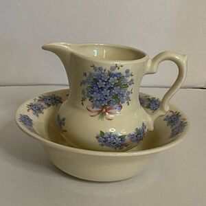 Vintage Kernewek Floral Cream Pitcher and Bowl Pottery Set, Cornwall England
